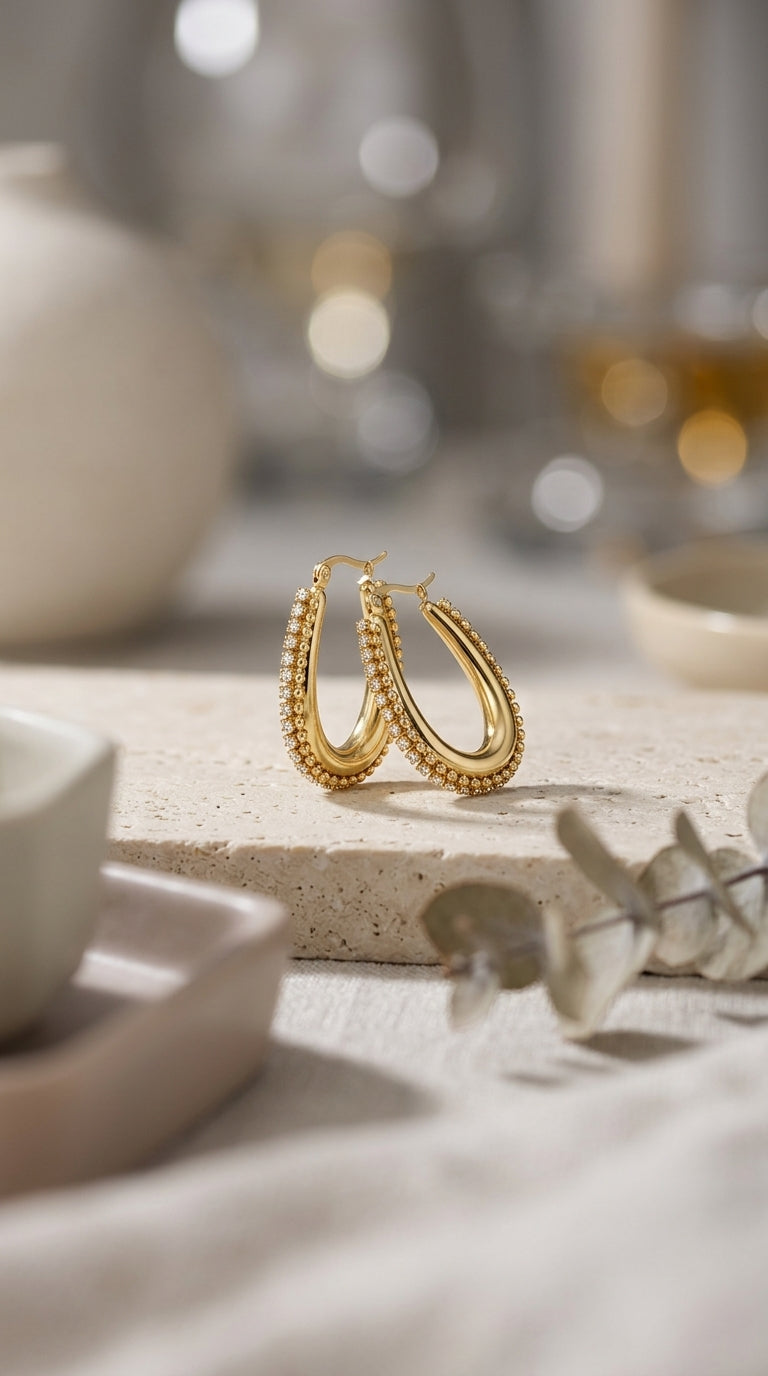 Drip Drop Glow earrings: gold teardrop hoops with beaded detailing and pave crystal accents on a stone surface.