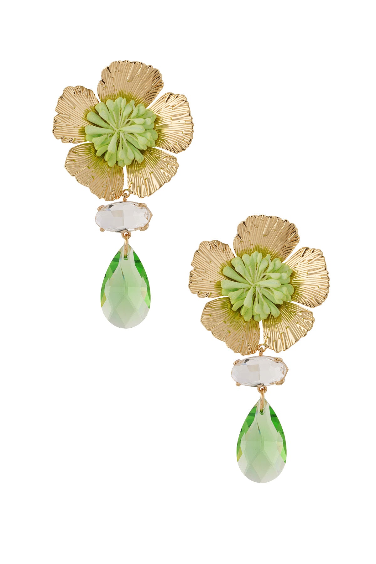 Pair of gold plated floral earrings with green resin center and matching green faceted teardrop crystals on white background