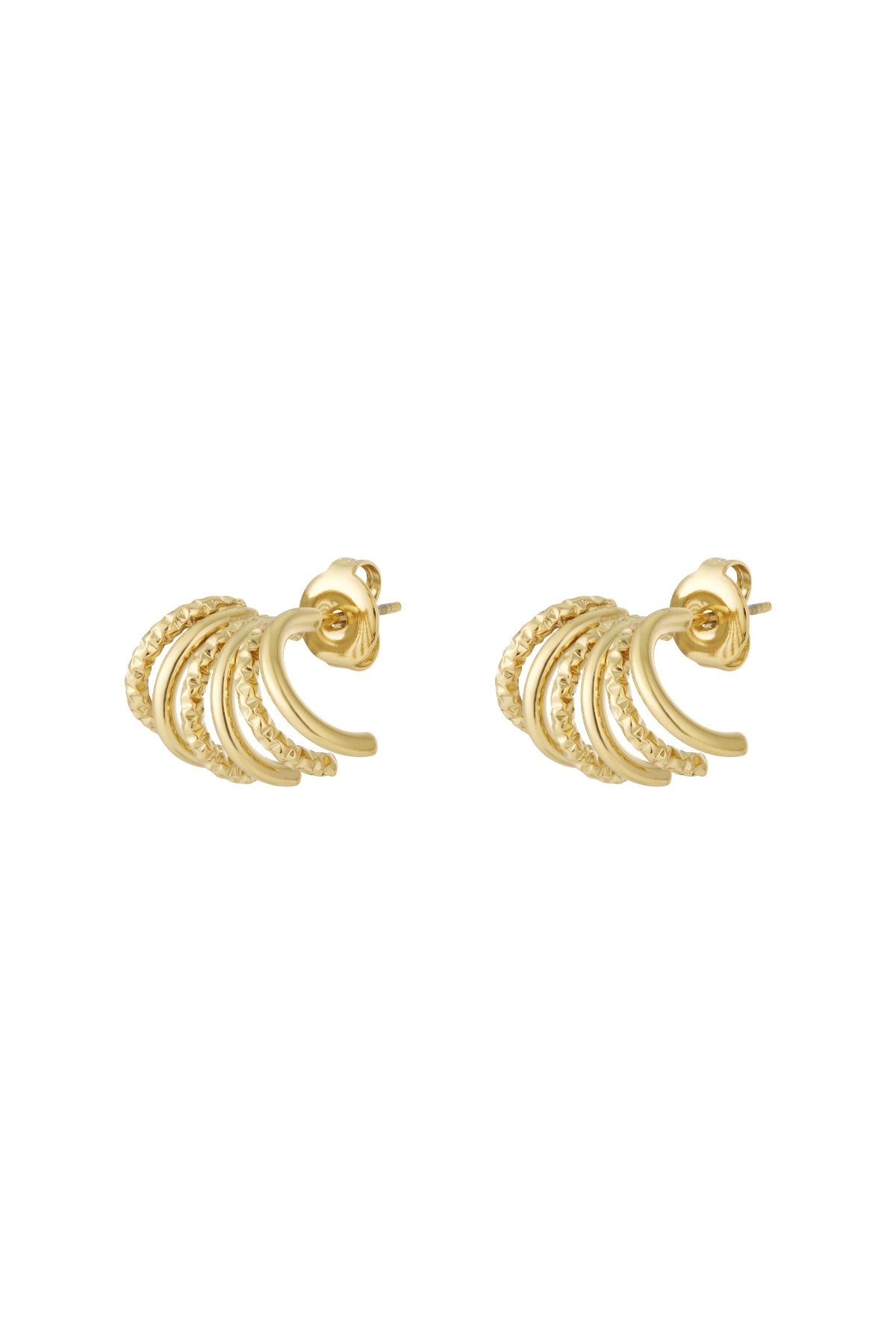 Pair of gold-tone textured fan stud earrings with smooth and detailed arcs on a white background