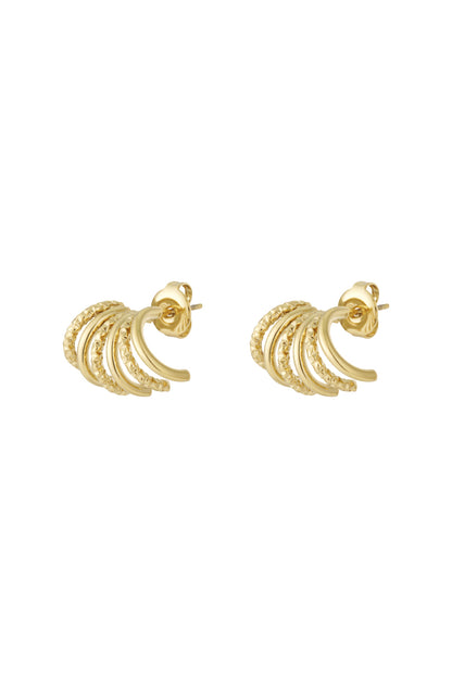 Pair of gold-tone textured fan stud earrings with smooth and detailed arcs on a white background