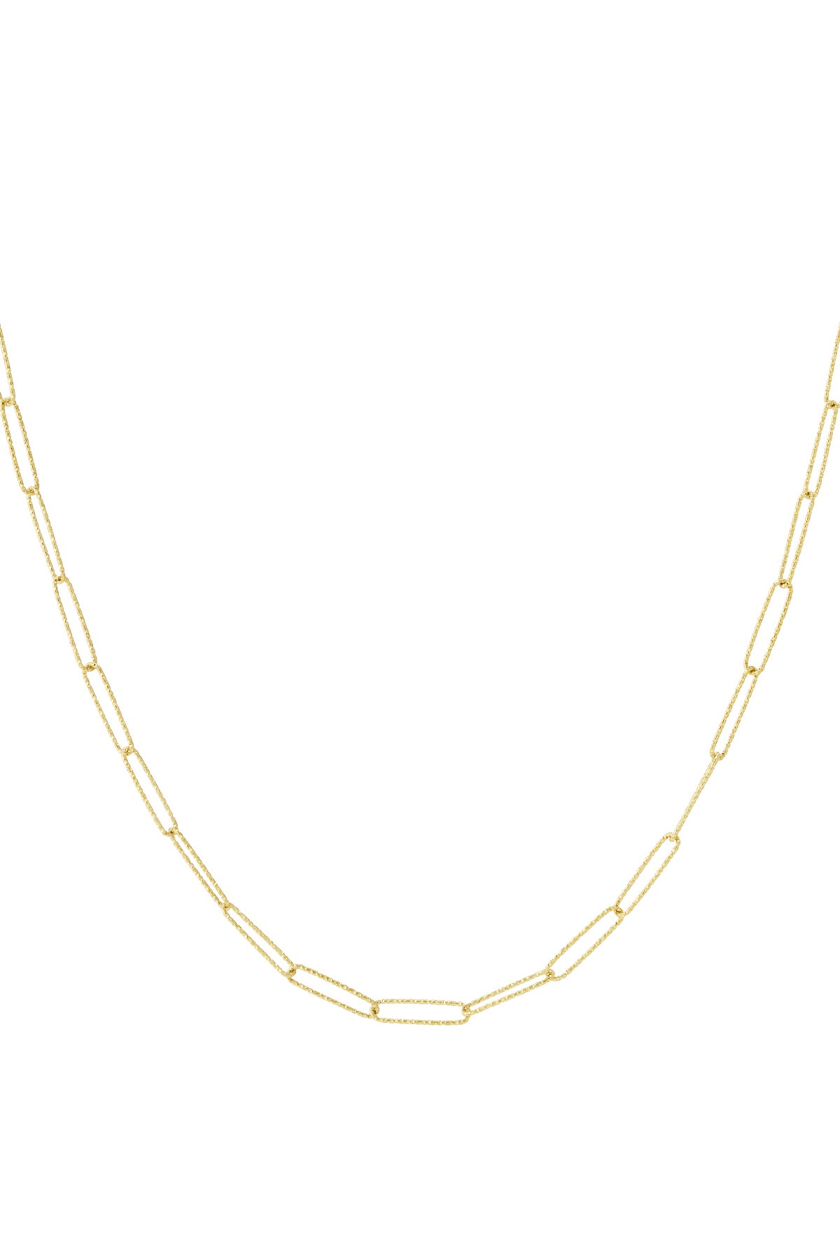 Gold paperclip chain necklace displayed on white background