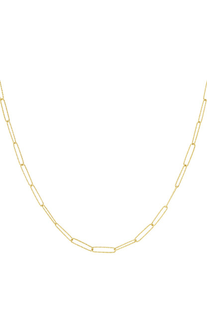 Gold paperclip chain necklace displayed on white background