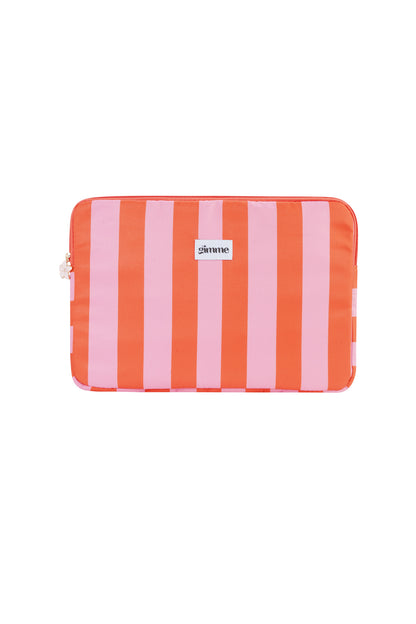 Orange and pink striped laptop sleeve with white 'gimme' label and floral zipper charm