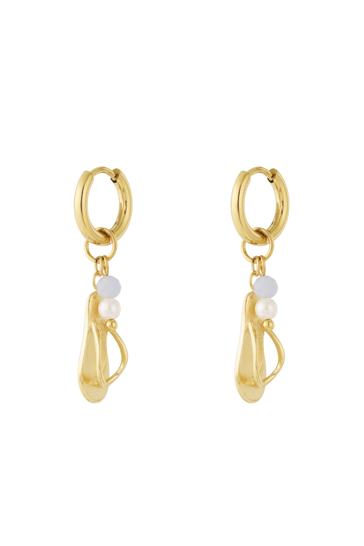 Pair of gold flip flop dangle earrings with pearl and pastel bead accents on white background