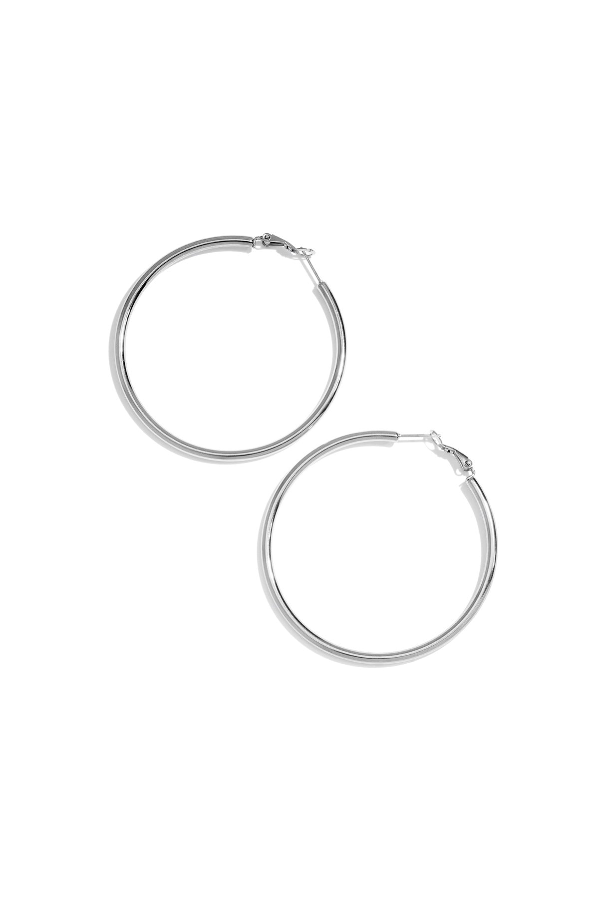 Silver hoop earrings displayed flat with hinge and post visible