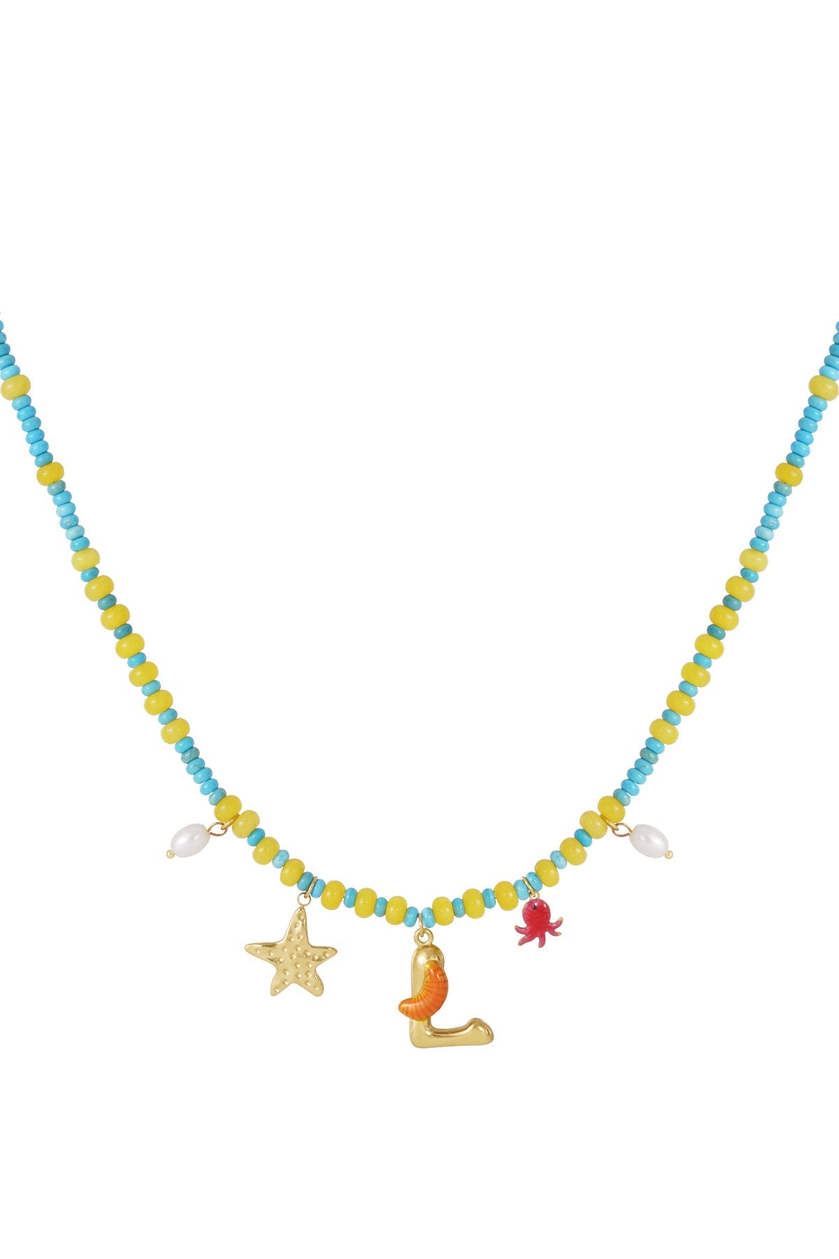 Blue and yellow beaded necklace featuring charms of a gold letter L, starfish, octopus, and two small white pearls.