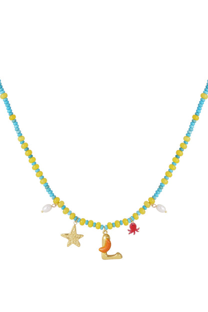 Blue and yellow beaded necklace featuring charms of a gold letter L, starfish, octopus, and two small white pearls.