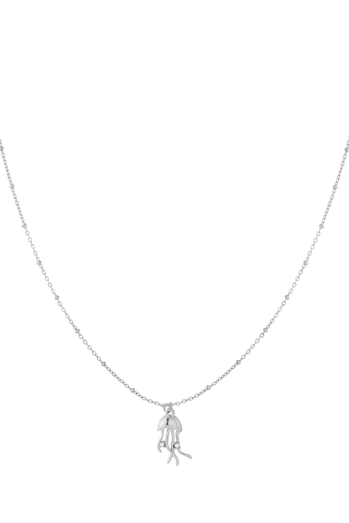 Silver jellyfish pendant necklace with delicate beaded chain on white background