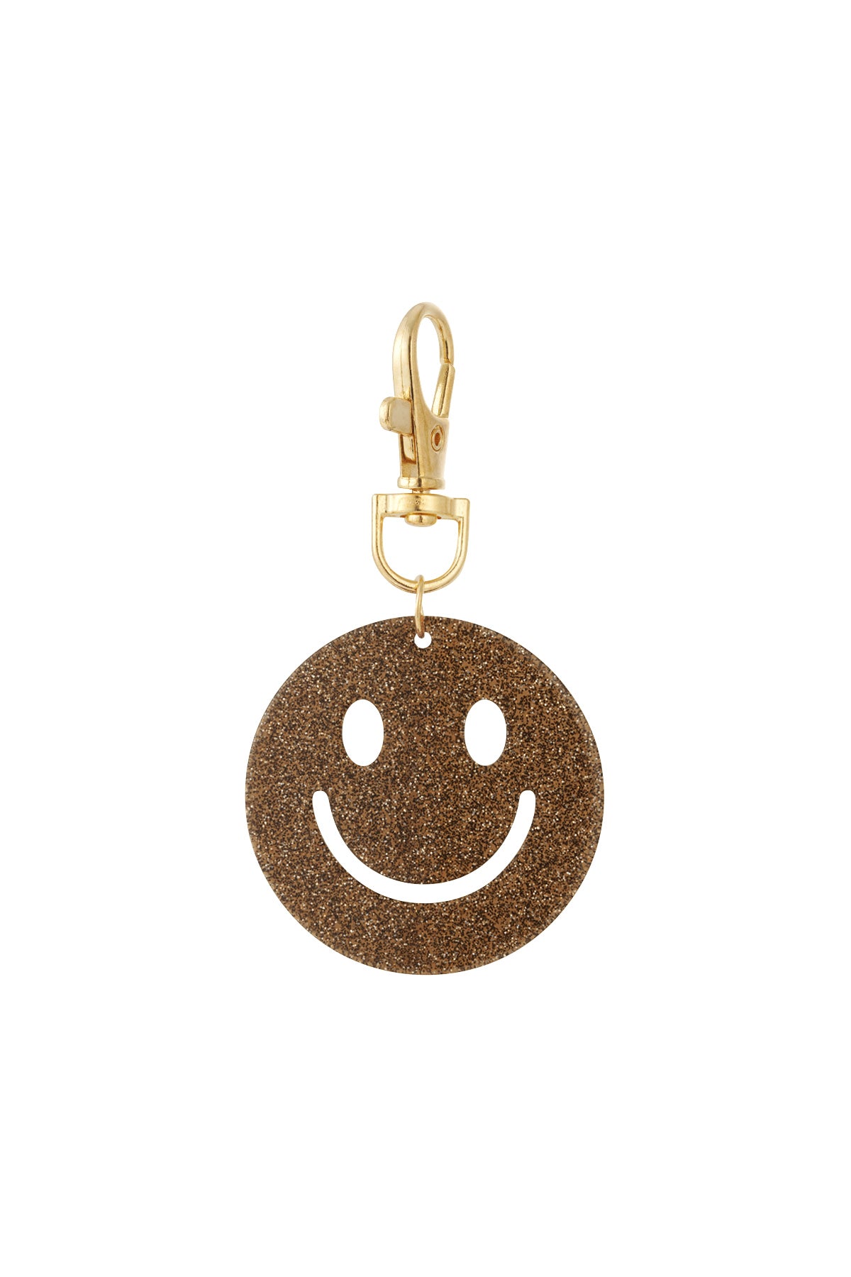 Sparkle Smiley keychain featuring a round, bronze glitter pendant with cut-out eyes and smile, attached to a gold clasp.