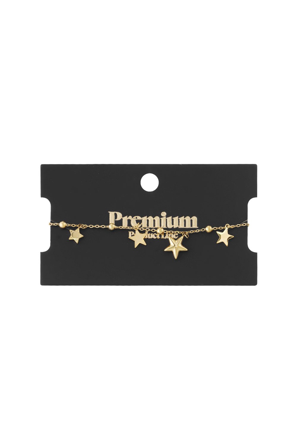 Gold-tone beaded charm bracelet featuring multiple dangling star pendants on a black display card.