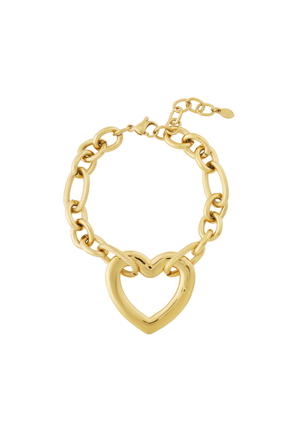 Chunky heart link bracelet in gold with large hollow heart centerpiece and polished chain links, isolated on white background
