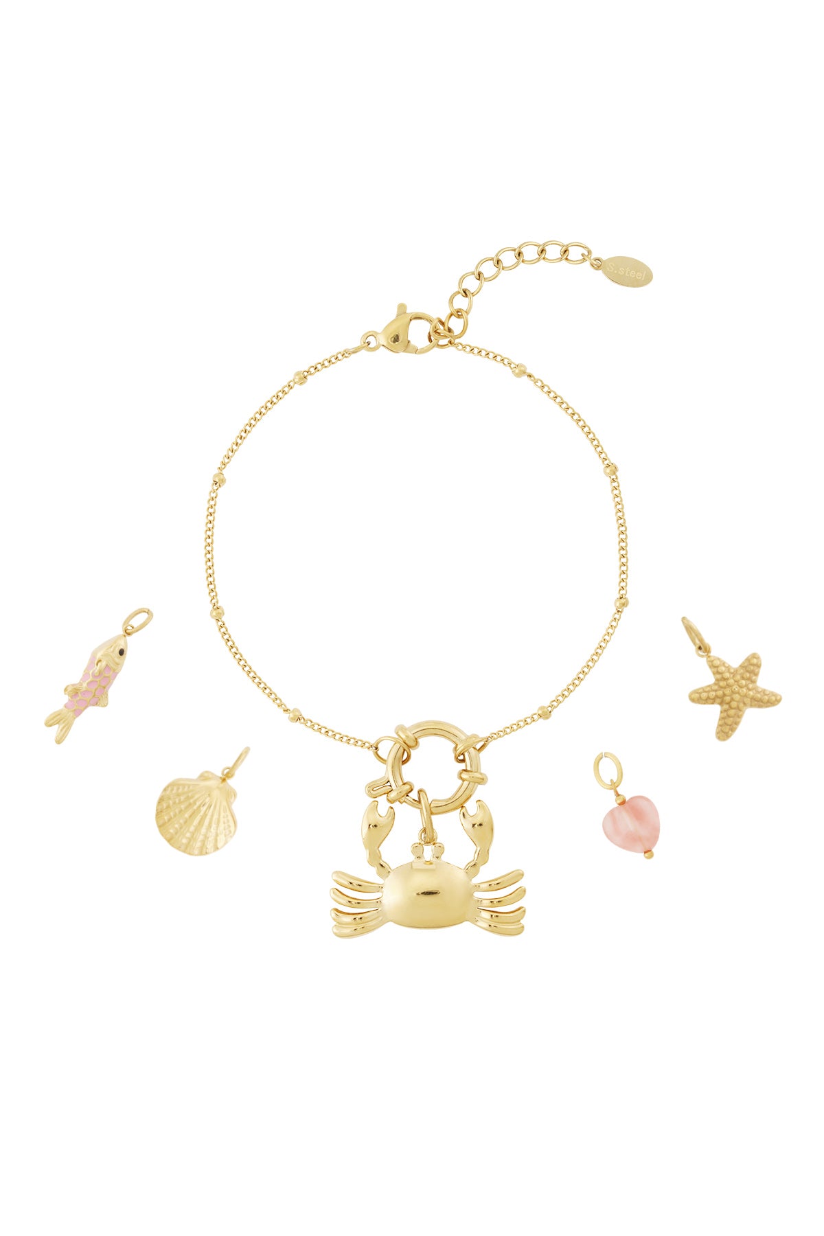 Gold charm bracelet with detachable sea-themed charms including crab, starfish, shell, fish with pink enamel, and pink bead displayed separately