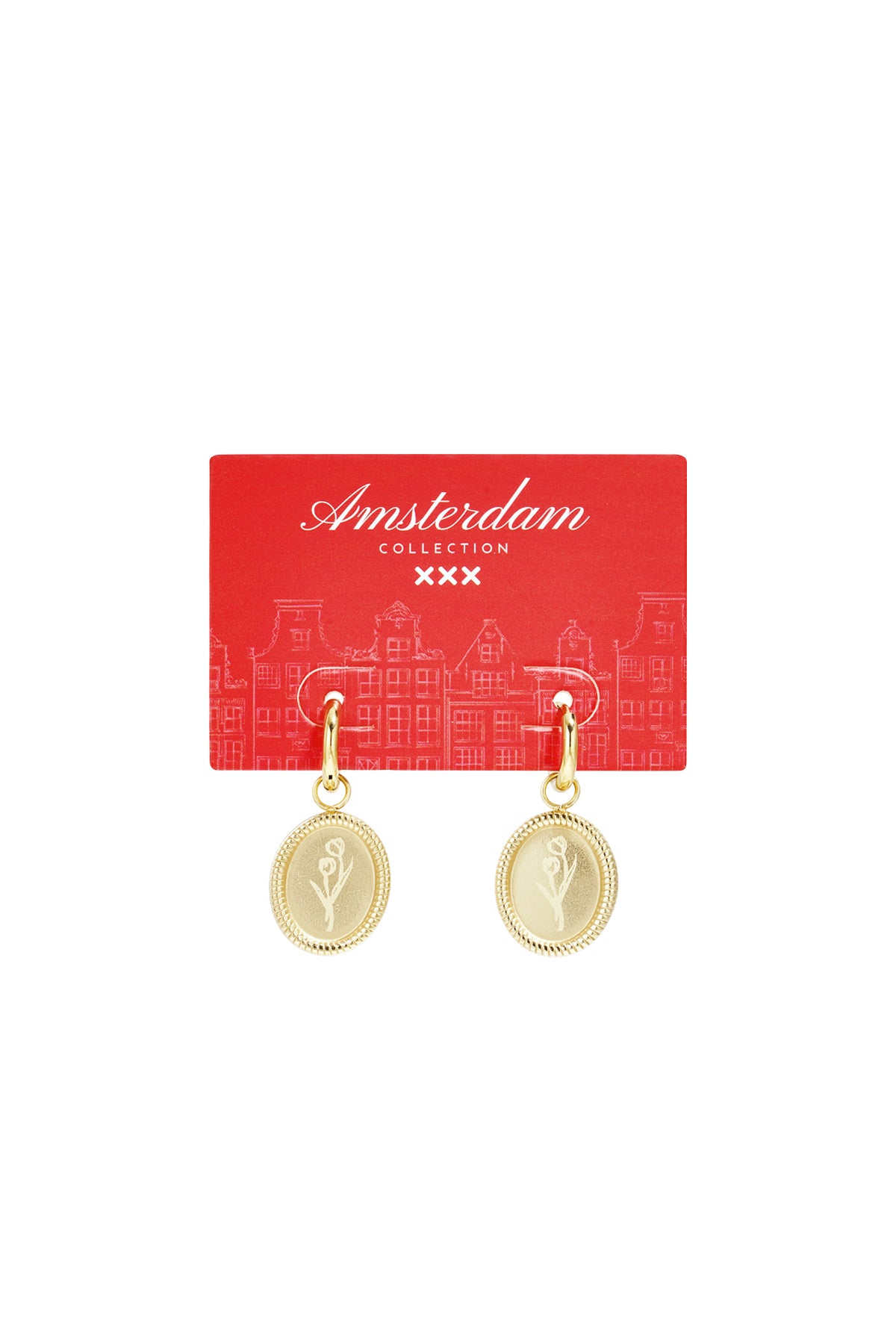 Gold floral oval hoop earrings displayed on a branded red packaging card