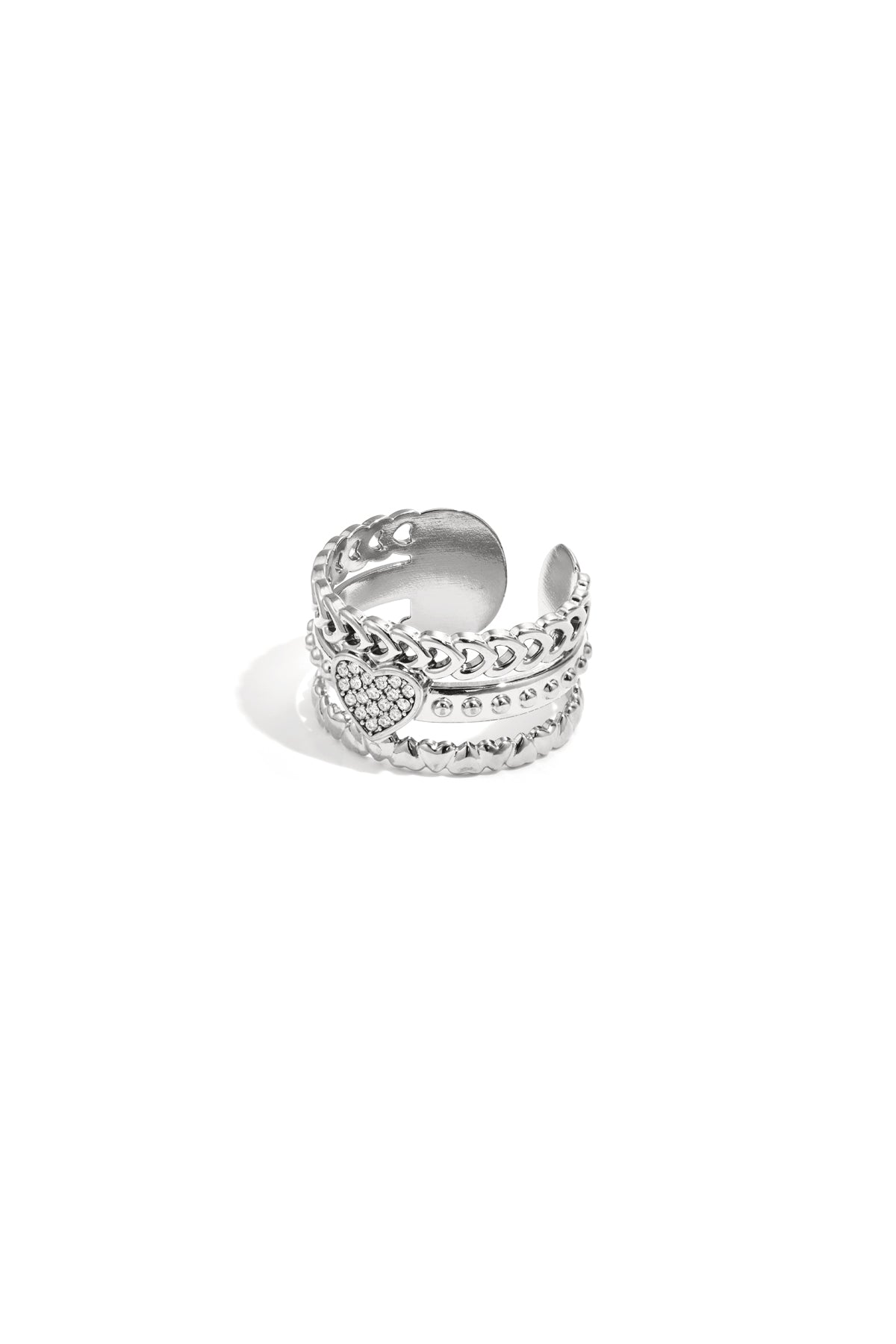 Silver multi-chain statement ring featuring a sparkling rhinestone heart on an adjustable band