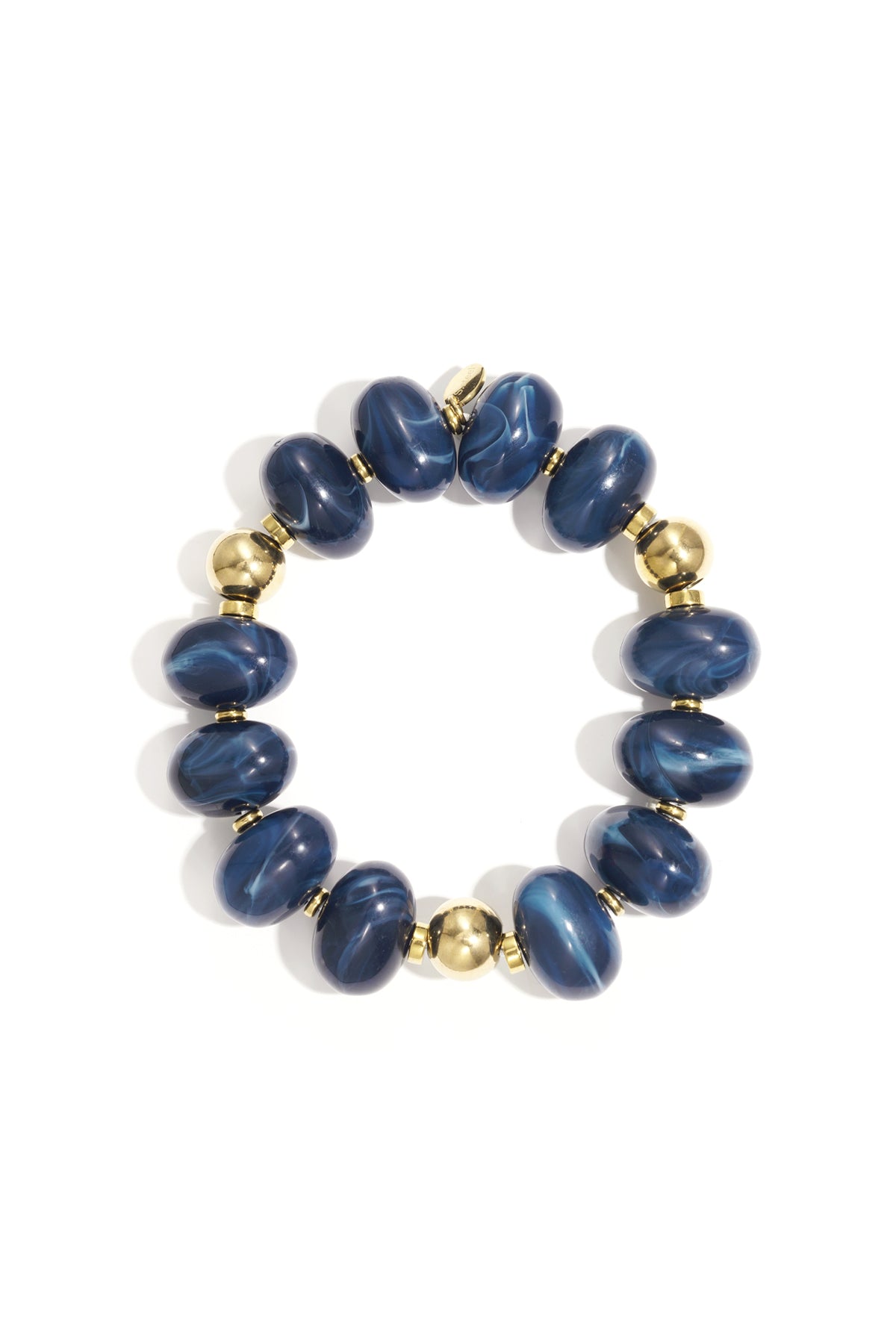 Blue marbled resin beaded bracelet with gold beads on white background