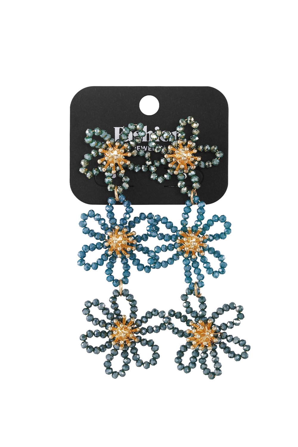 Dainty Bloom Beads dangle earrings feature three stacked teal beaded flower shapes with gold centers on a display card.