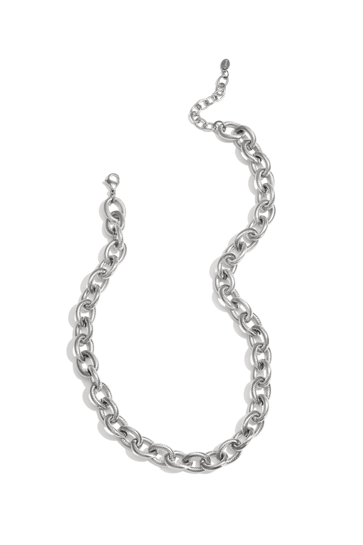 Close-up image of a silver chunky chain necklace with textured thick oval links and lobster clasp on white background