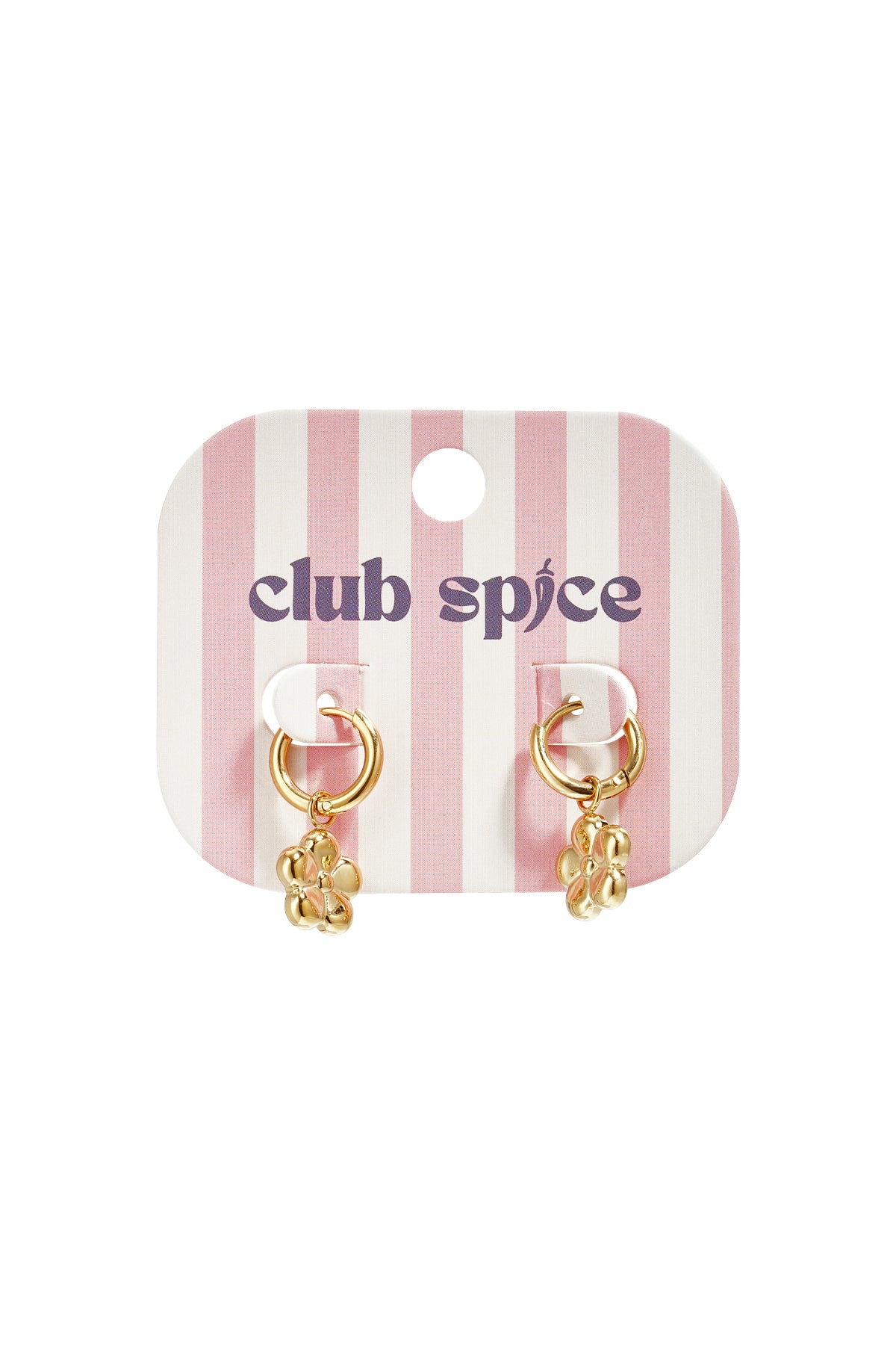 Pair of gold hoop earrings with flower charms on pink striped Club Spice card
