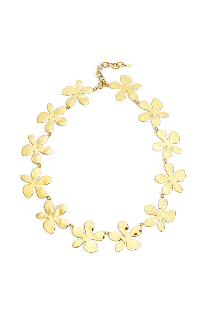 Gold flower necklace with linked oversized petals arranged in a circle on white background