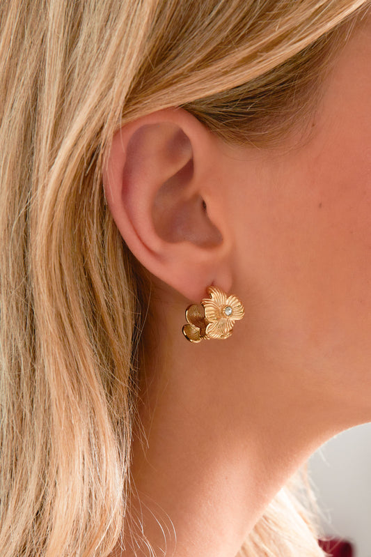 Close-up of gold floral hoop earring worn on a woman’s ear, showcasing delicate flower design