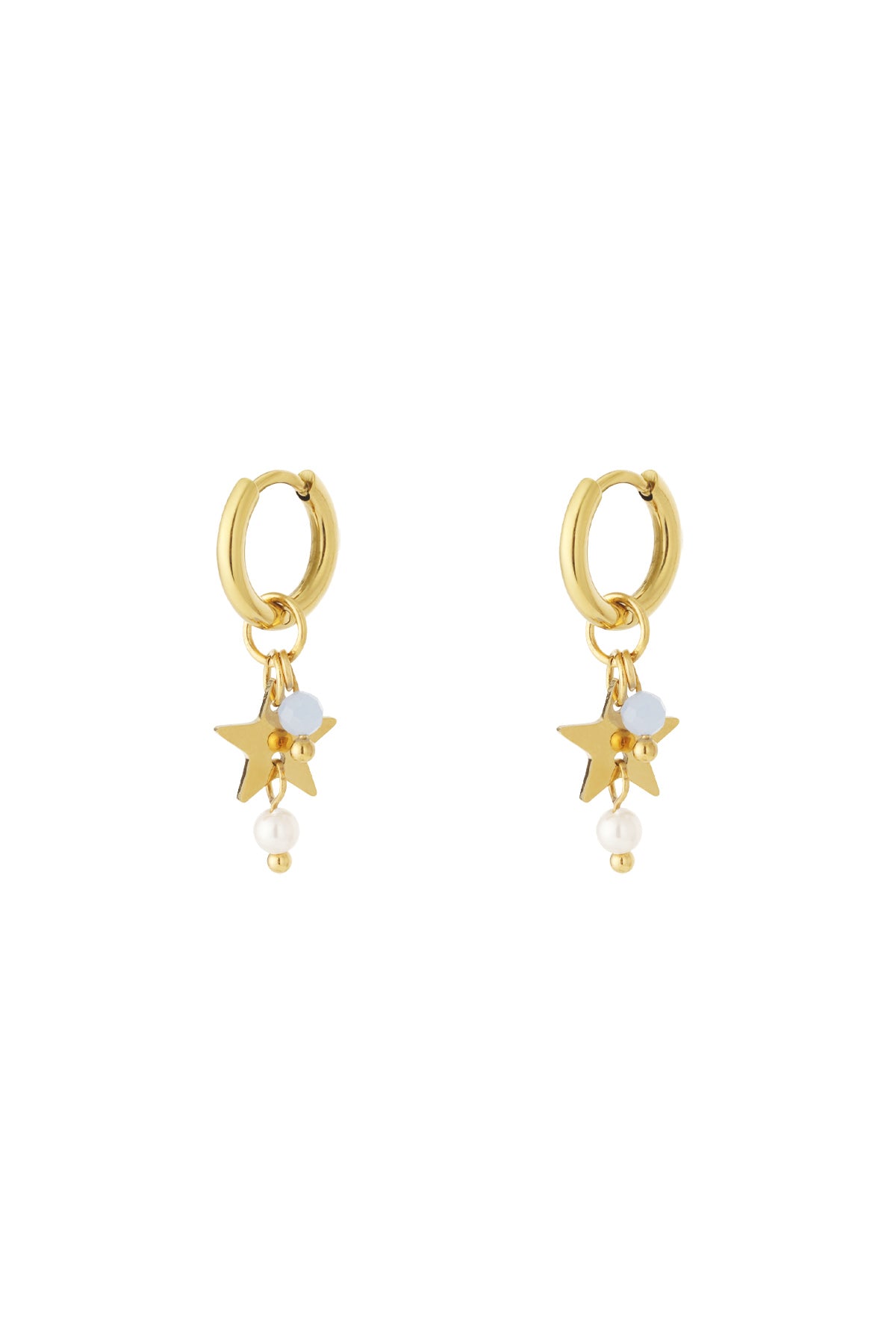Pair of gold hoop earrings with star-shaped charms, white pearl drops, and baby blue beads