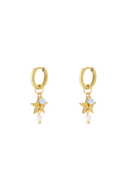 Pair of gold hoop earrings with star-shaped charms, white pearl drops, and baby blue beads