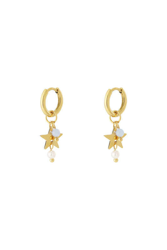 Pair of gold hoop earrings with star-shaped charms, white pearl drops, and baby blue beads