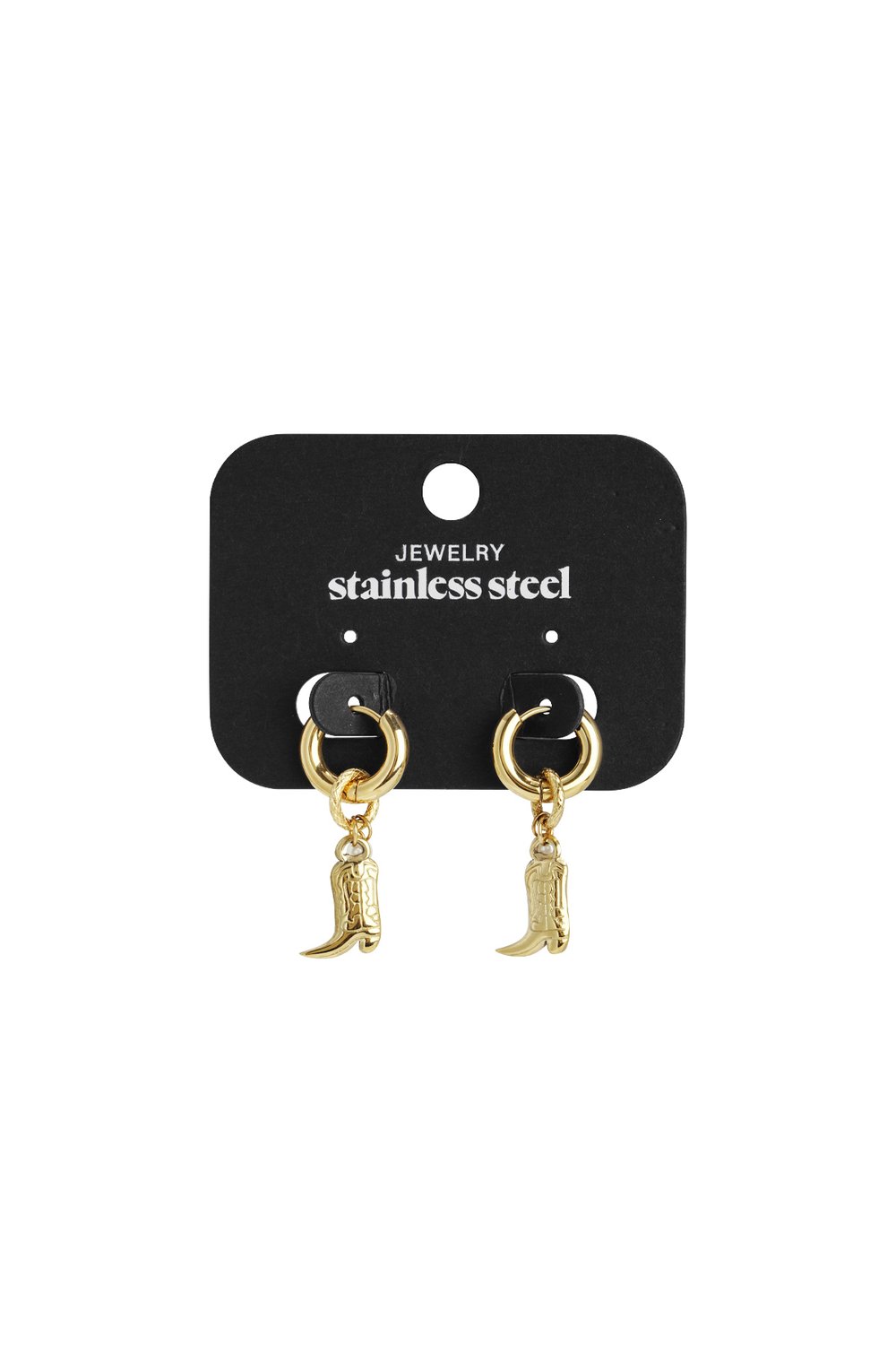 Gold stainless steel hoop earrings featuring small, detailed cowgirl boot charms on a black display card.