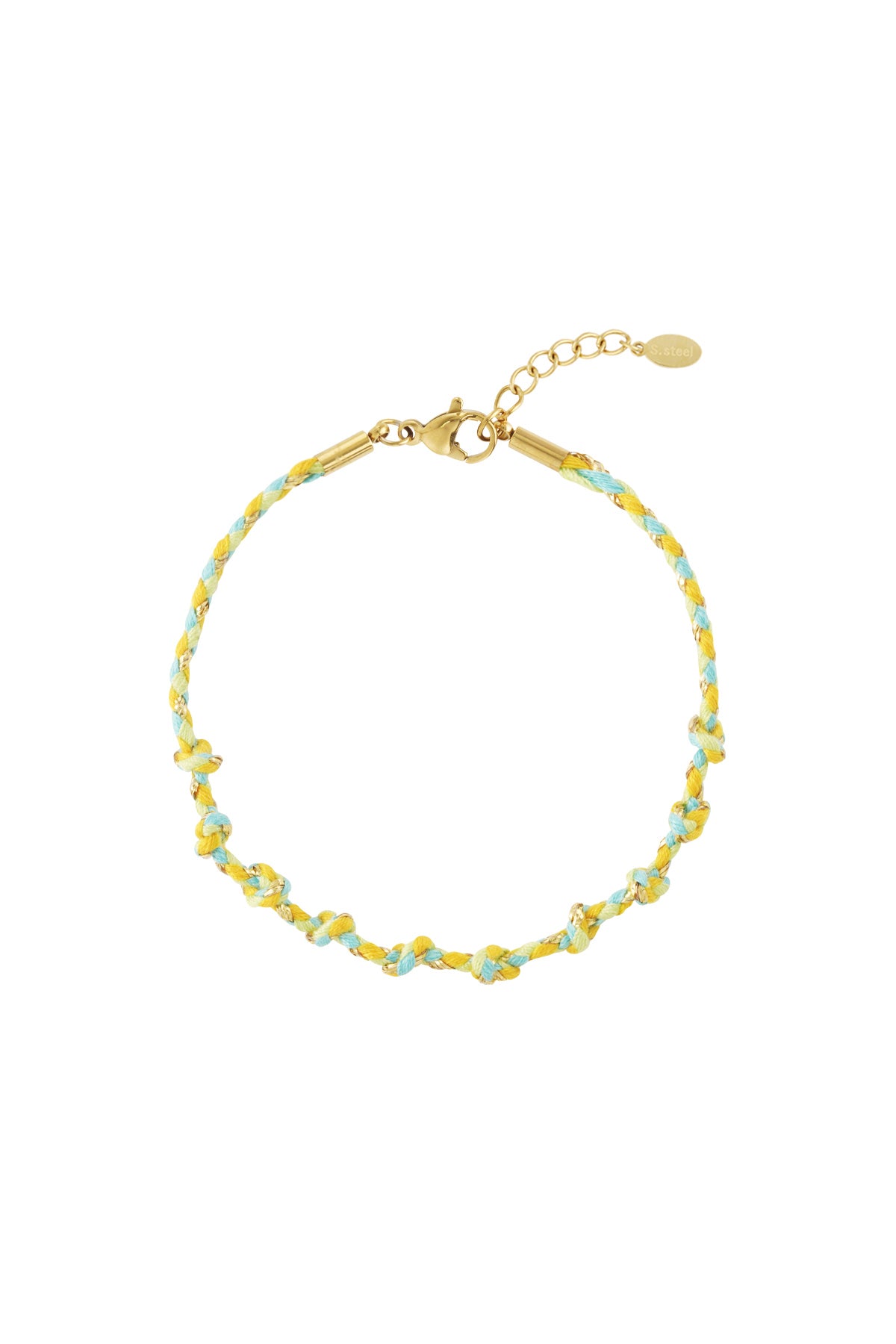 Red and beige braided cotton chain bracelet entwined with gold thread and lobster clasp on white background.