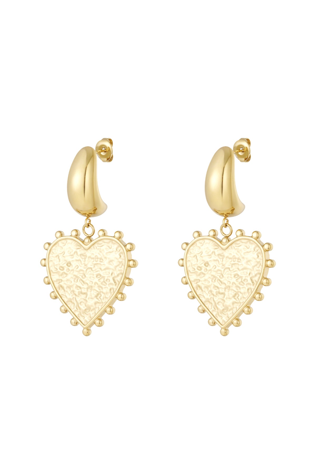 Pair of gold modern heart-shaped drop earrings with textured centers and dotted edges on white background