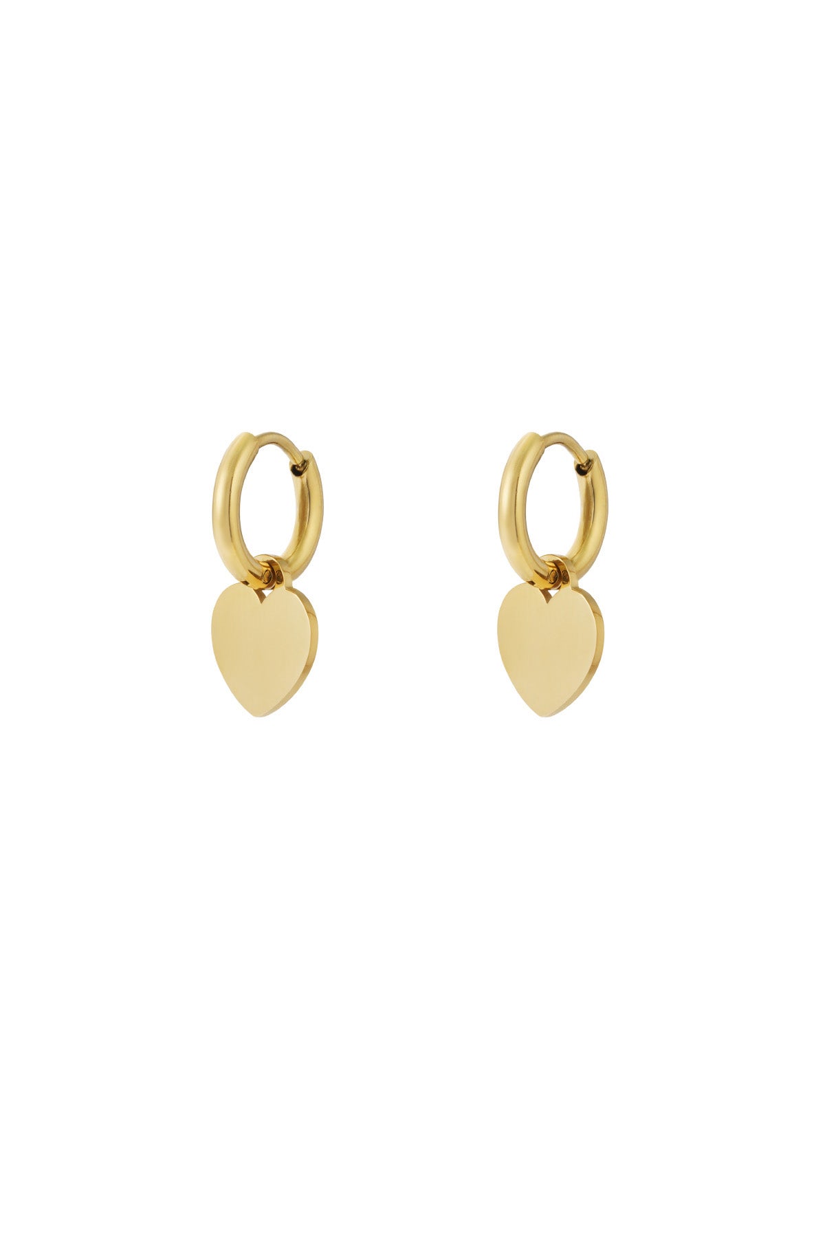 Gold hoop earrings with smooth heart-shaped drop charms on white background