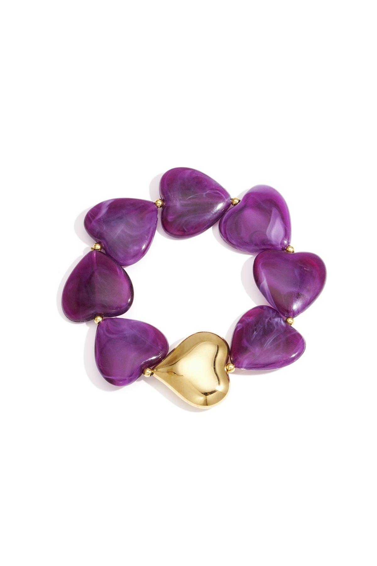 Heart-shaped marbled purple acrylic bead bracelet with gold-tone heart accent on white background