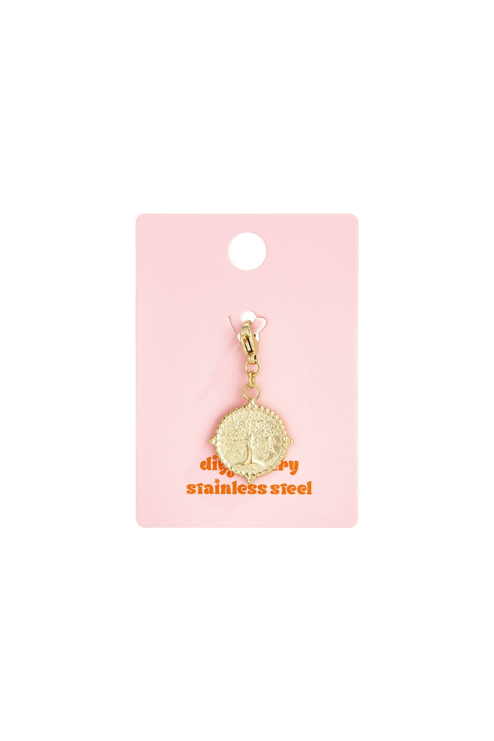 Gold Life Charm featuring a round, textured-edge gold pendant with a tree of life design on a pink display card.