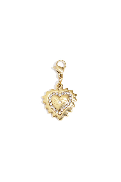 Gold heart-shaped charm pendant with rhinestones and protective eye detail on lobster claw clasp