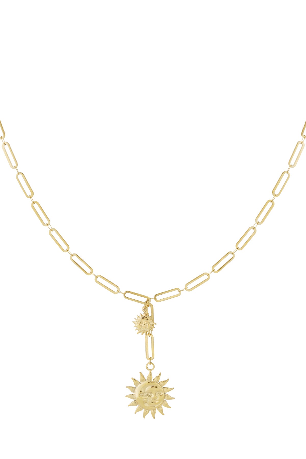 Gold dual sun pendant necklace with elongated chain links on white background