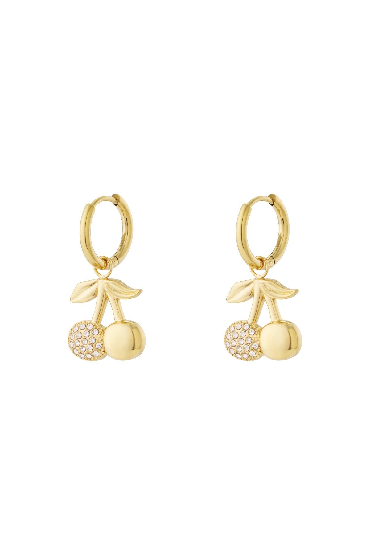 Pair of gold cherry drop earrings with rhinestone accented cherries hanging from smooth hoop earrings on white background