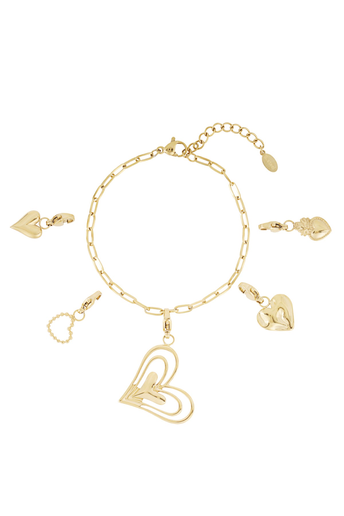 Gold heart charm bracelet with five unique heart-shaped charms laid flat against a white background
