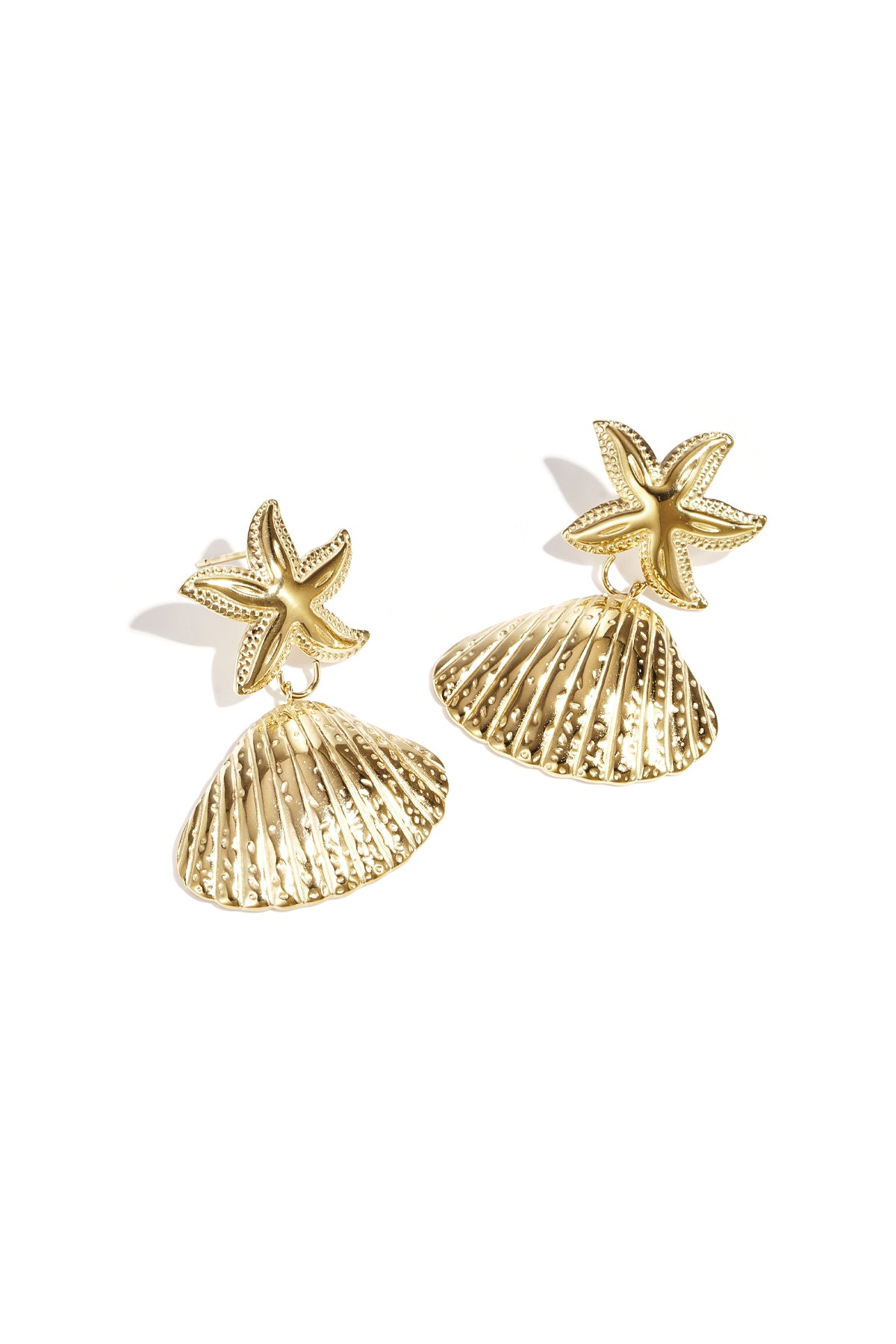 Pair of elegant gold-tone drop earrings with starfish tops and scallop shell pendants