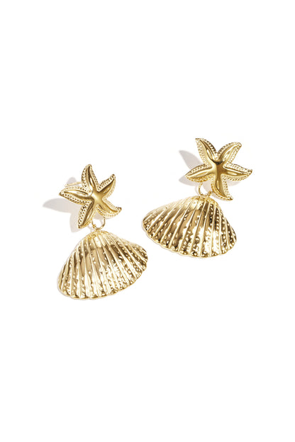 Pair of elegant gold-tone drop earrings with starfish tops and scallop shell pendants