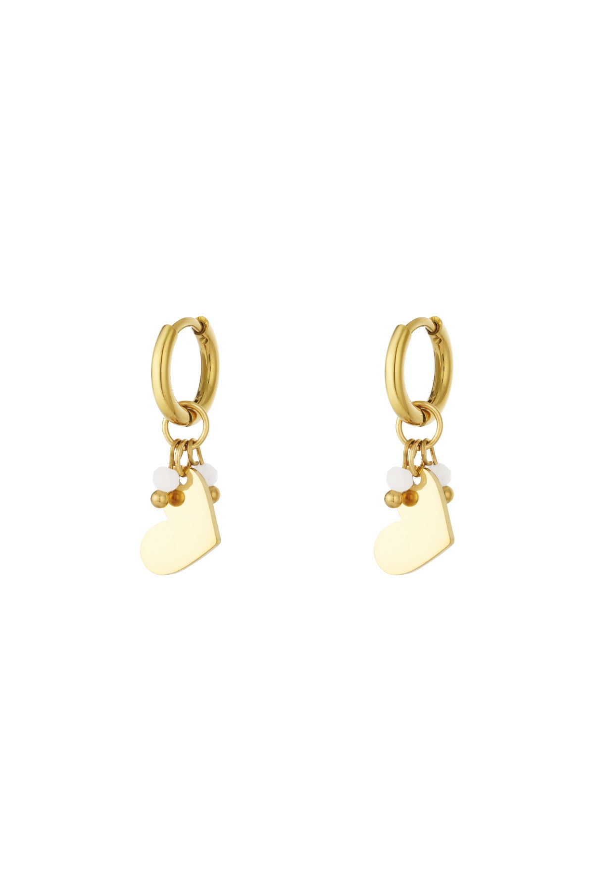 Pair of gold hoop earrings each with a hanging smooth heart charm and three small beads in white and gold.
