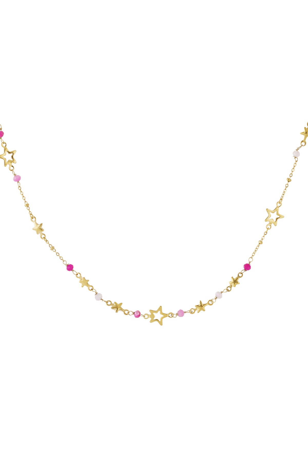 Close-up of gold-toned star charm necklace adorned with alternating pink and white beads on a plain white background