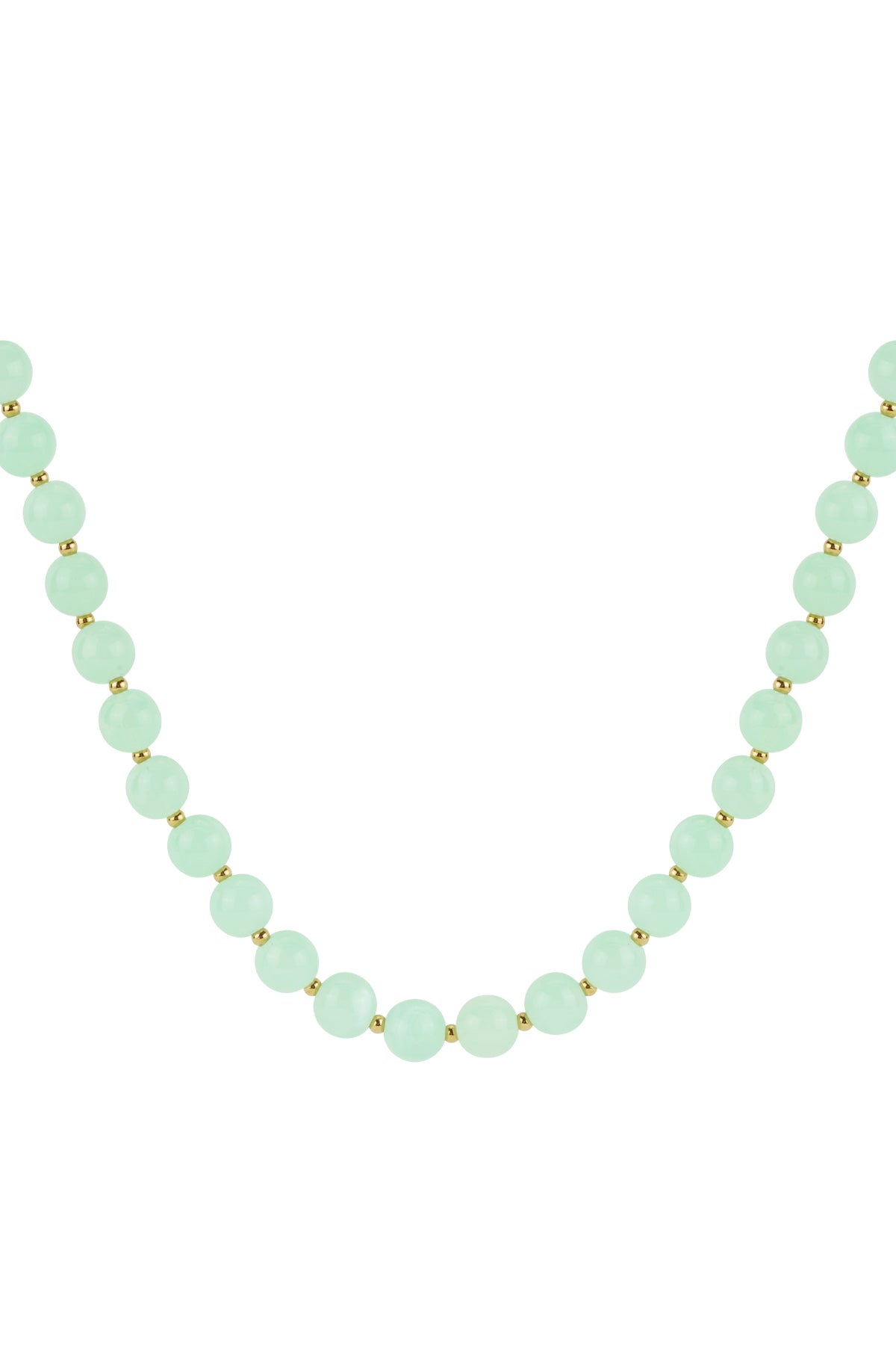 Close-up of mint green glossy acrylic beaded necklace with gold spacers on white background