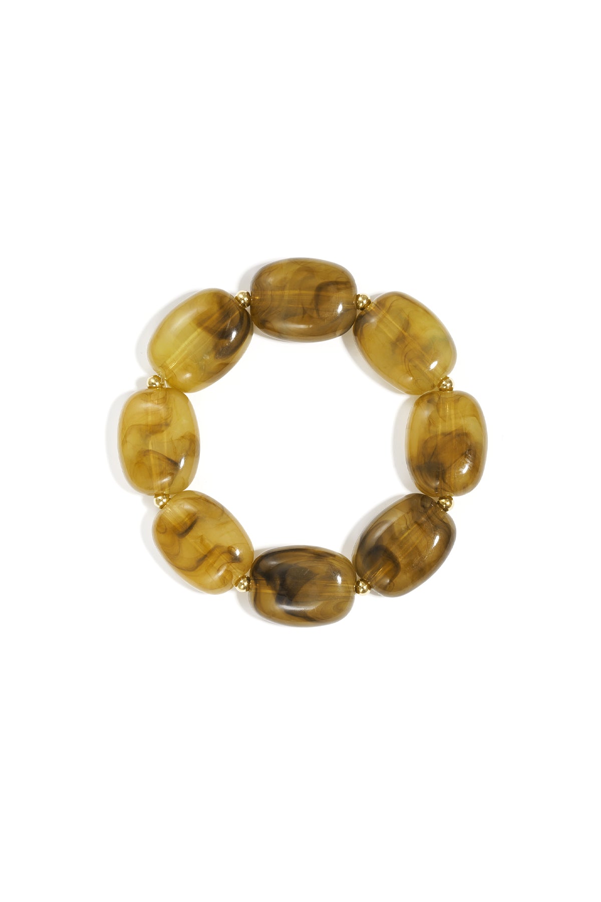Swirled caramel brown acrylic beaded stretch bracelet with gold-toned spacer beads displayed flat on white background