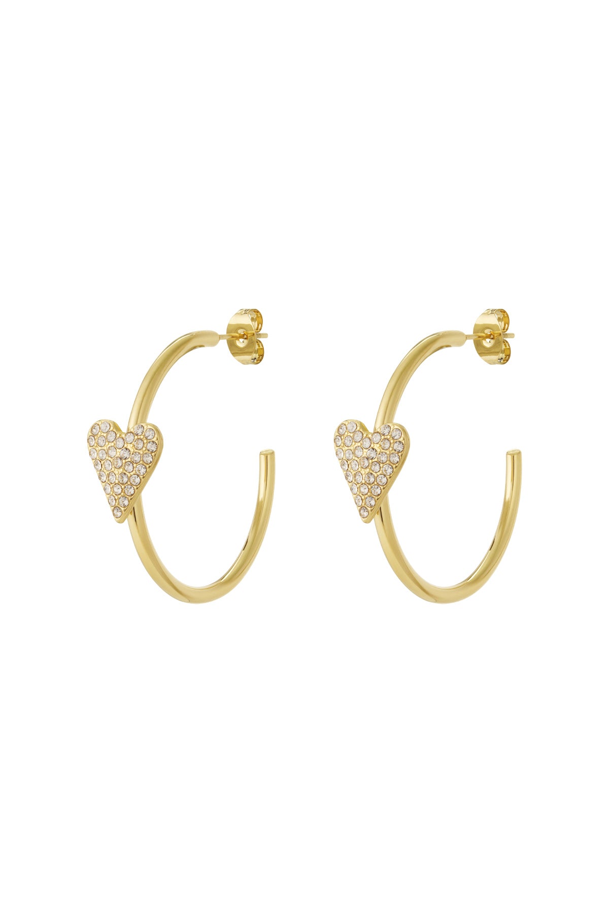 Pair of gold hoop earrings with rhinestone-studded heart accents on white background