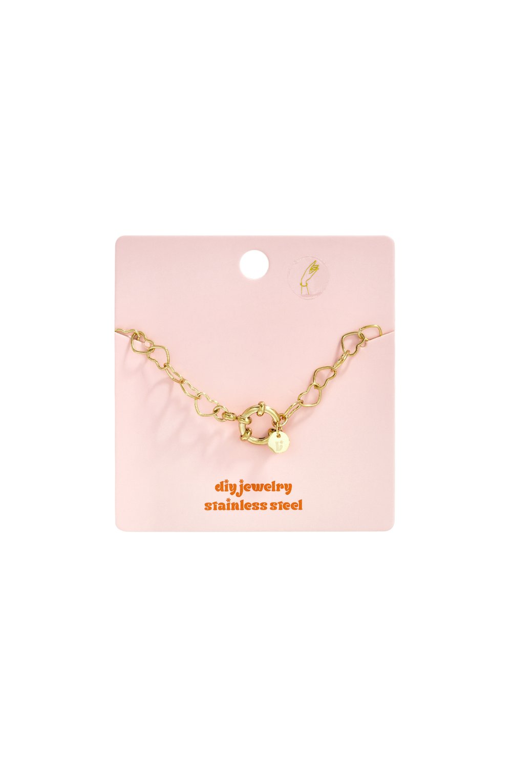 Gold stainless steel Love Link chain necklace featuring heart-shaped links on a pink display card.