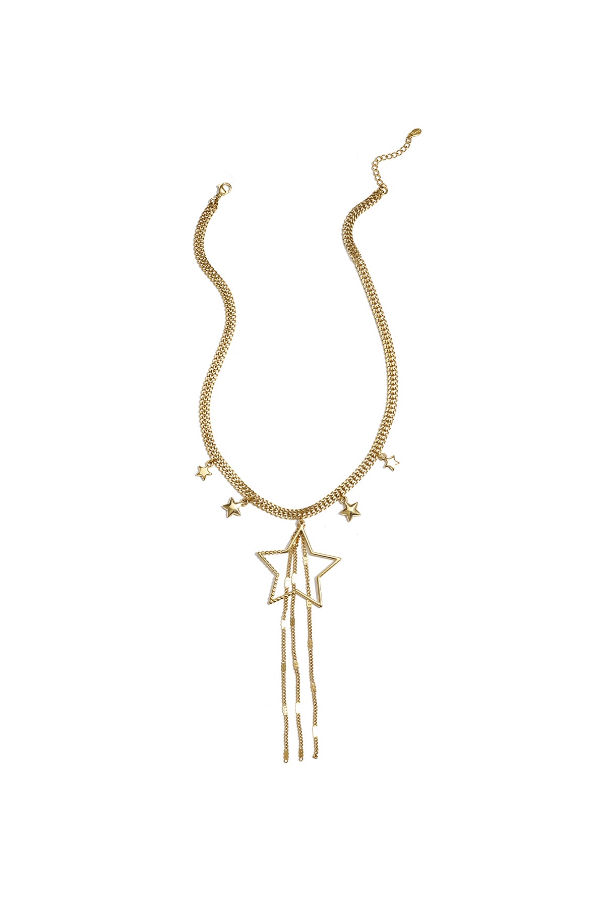 Gold-tone star charm pendant necklace with cascading chain tassels displayed on white background