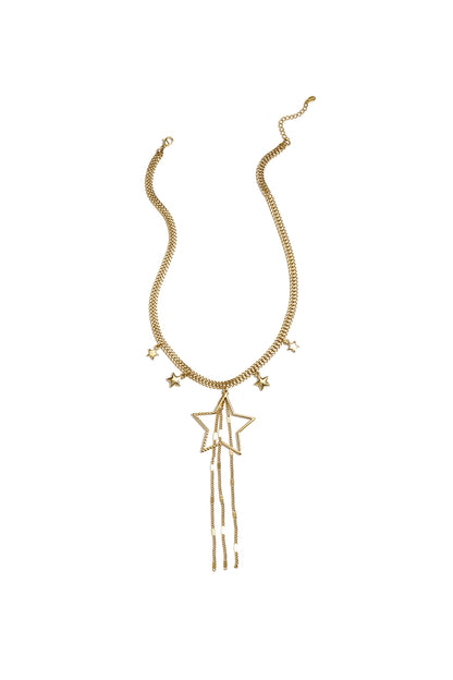 Gold-tone star charm pendant necklace with cascading chain tassels displayed on white background