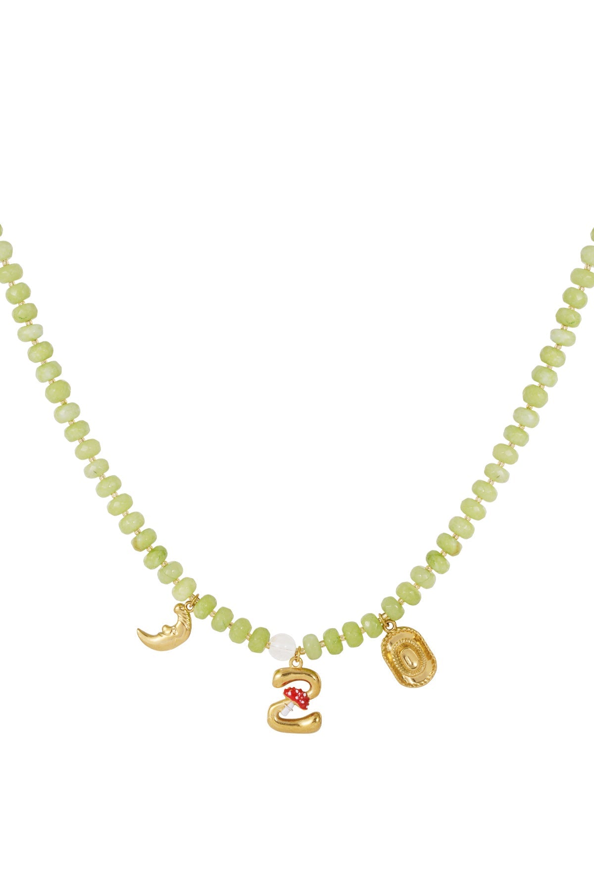 Light green beaded necklace featuring a gold moon, initial "Z" with a mushroom charm, and a textured oval pendant.