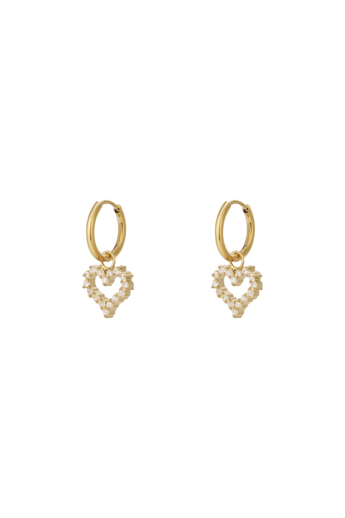 Gold-tone hoop earrings with dangling heart-shaped rhinestone charms on white background