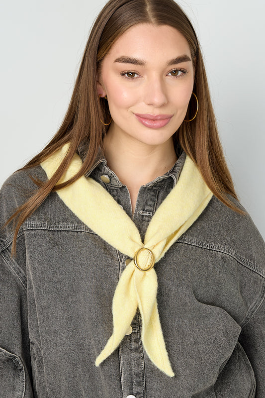 Red knit triangular winter scarf displayed flat on white background